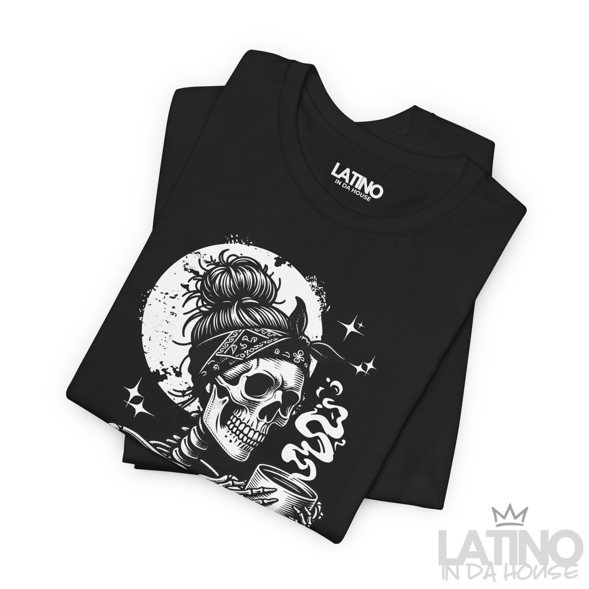 Folded black T-shirt with skeleton graphic holding coffee and text “Literally Cansada. Latino In Da House 