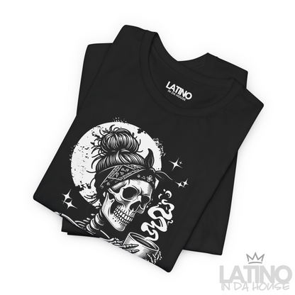 Folded black T-shirt with skeleton graphic holding coffee and text “Literally Cansada. Latino In Da House 