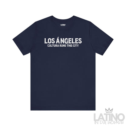 Los Ángeles Cultura Runs This City T-Shirt in navy blue with white print — Latino lifestyle streetwear tee. Latino In Da House 