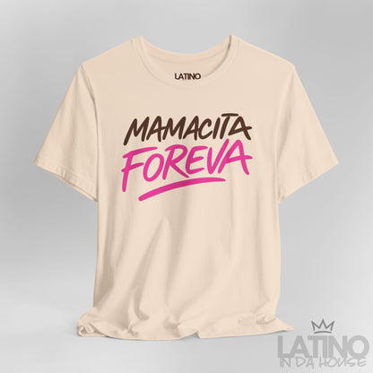 Close-up view of soft cream “Mamacita Foreva” t-shirt design in brown and hot pink – Latino In Da House