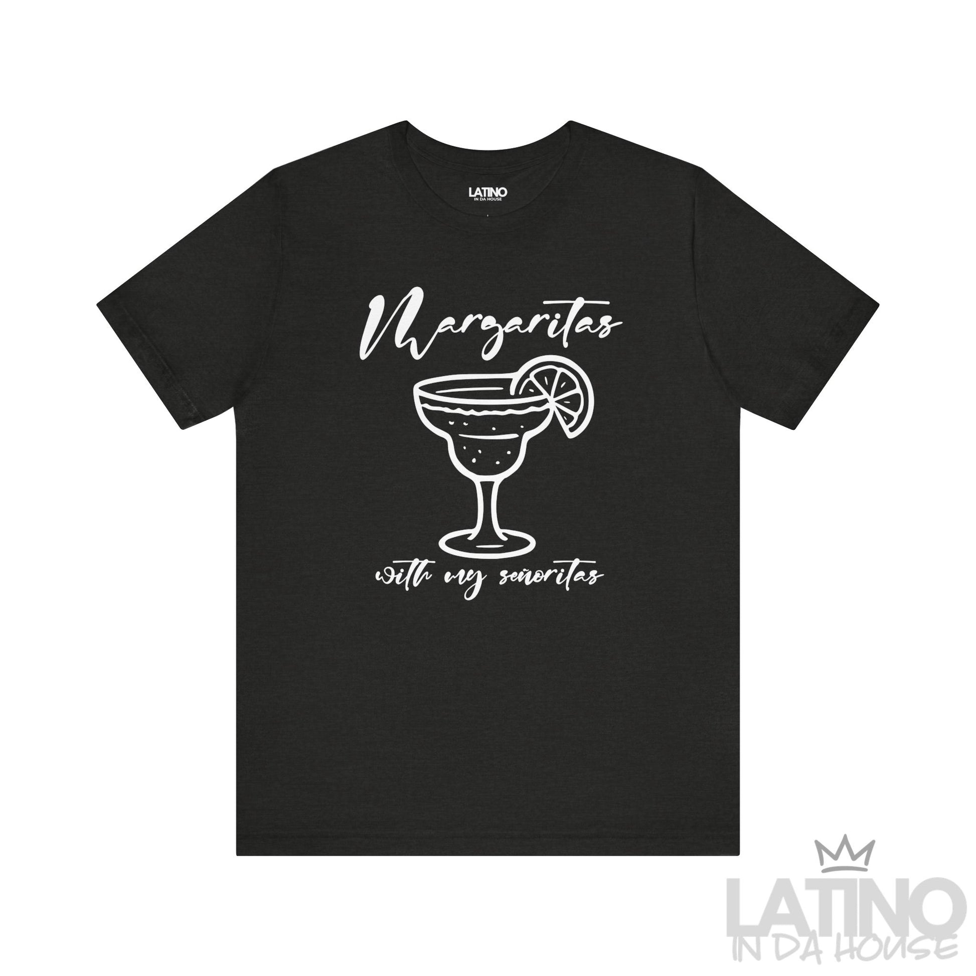 Margaritas with my Señoritas T-Shirt in Black Heather – bold graphic tee with margarita glass print. Latino In Da House 