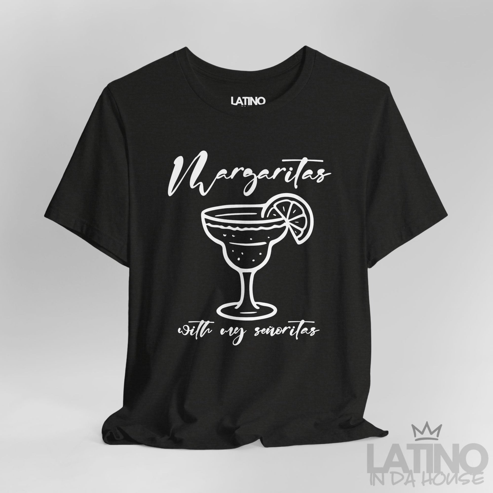 Close-up of heather black T-shirt design with margarita glass and text. Latino In Da House 