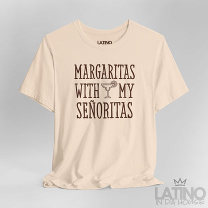 Close-up of soft cream T-shirt design with margarita glass and text. Latino In Da House 