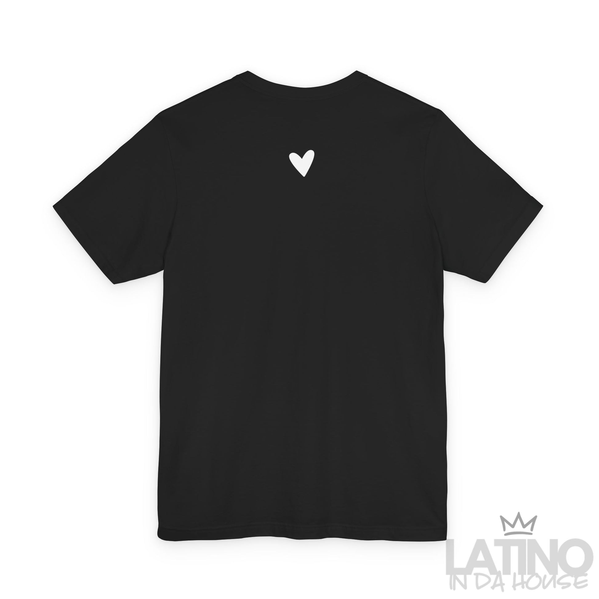 Close-up of back detail on black Más Amor T-shirt with small white heart print.
Latino In Da House 