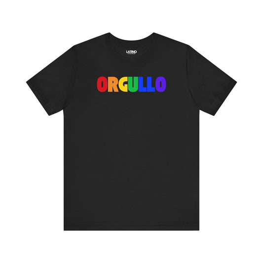 Front view of black ORGULLO Pride
Edition T-shirt with rainbow letters by Latino In Da House