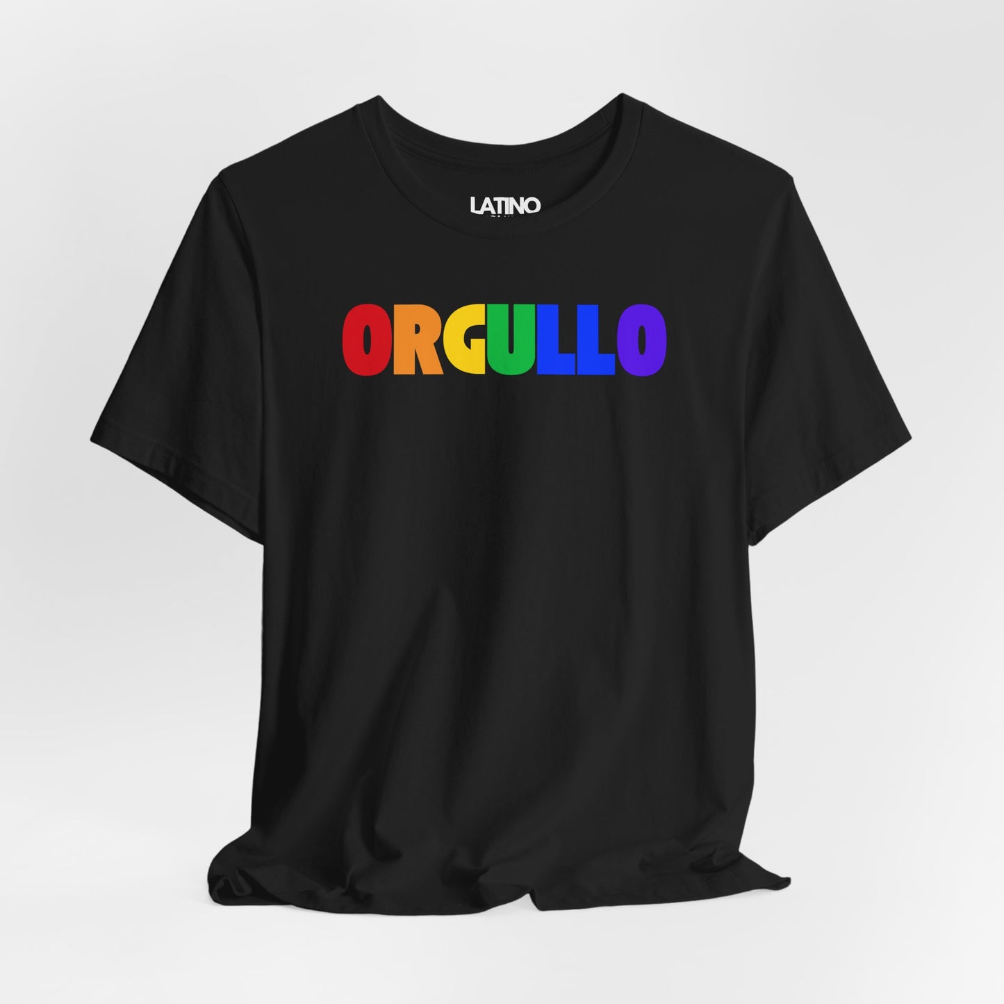 Close-up of vibrant rainbow ORGULLO print on black Pride Edition T-Shirt. Latino In Da house