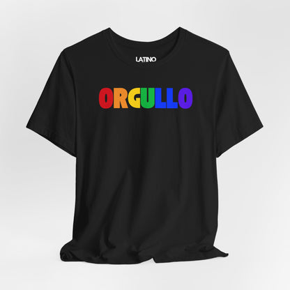 Close-up of vibrant rainbow ORGULLO print on black Pride Edition T-Shirt. Latino In Da house