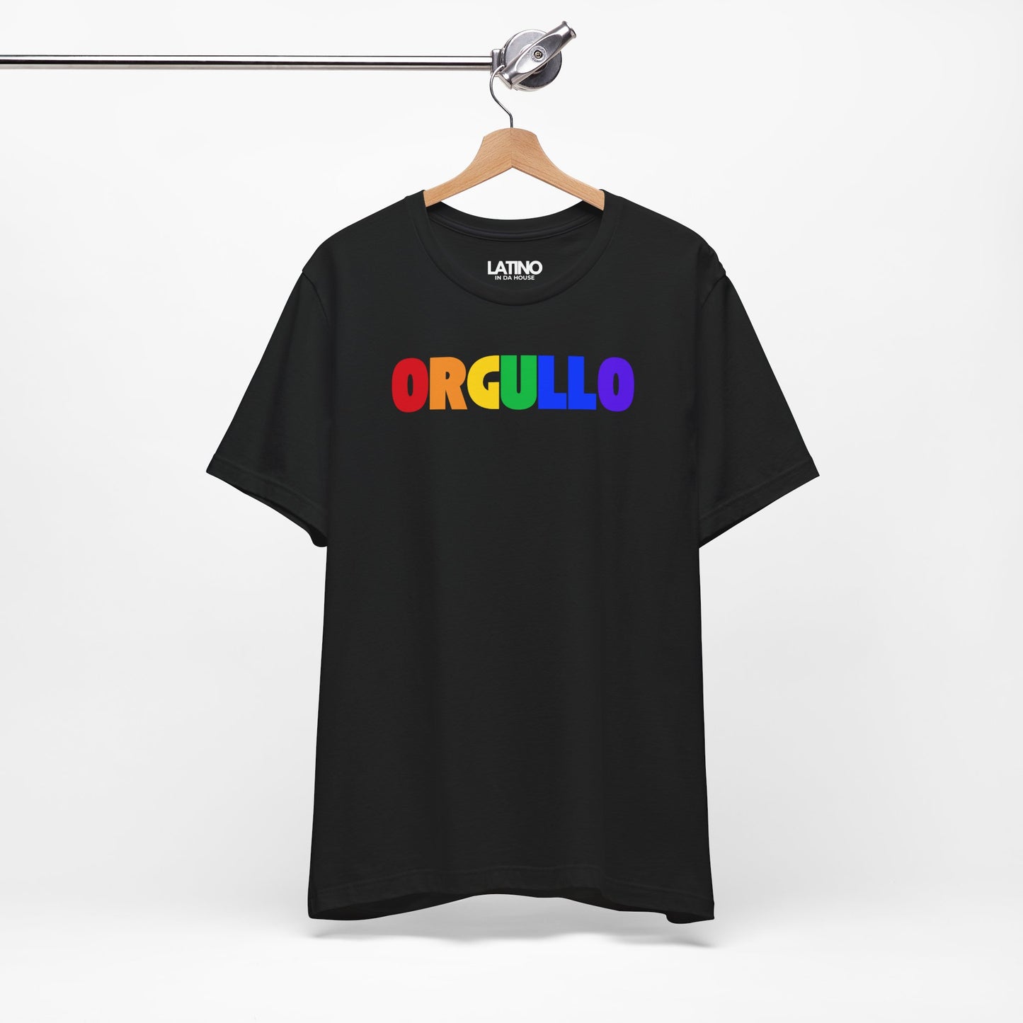 Close up black ORGULLO Pride
Edition T-shirt with rainbow letters by Latino In Da House