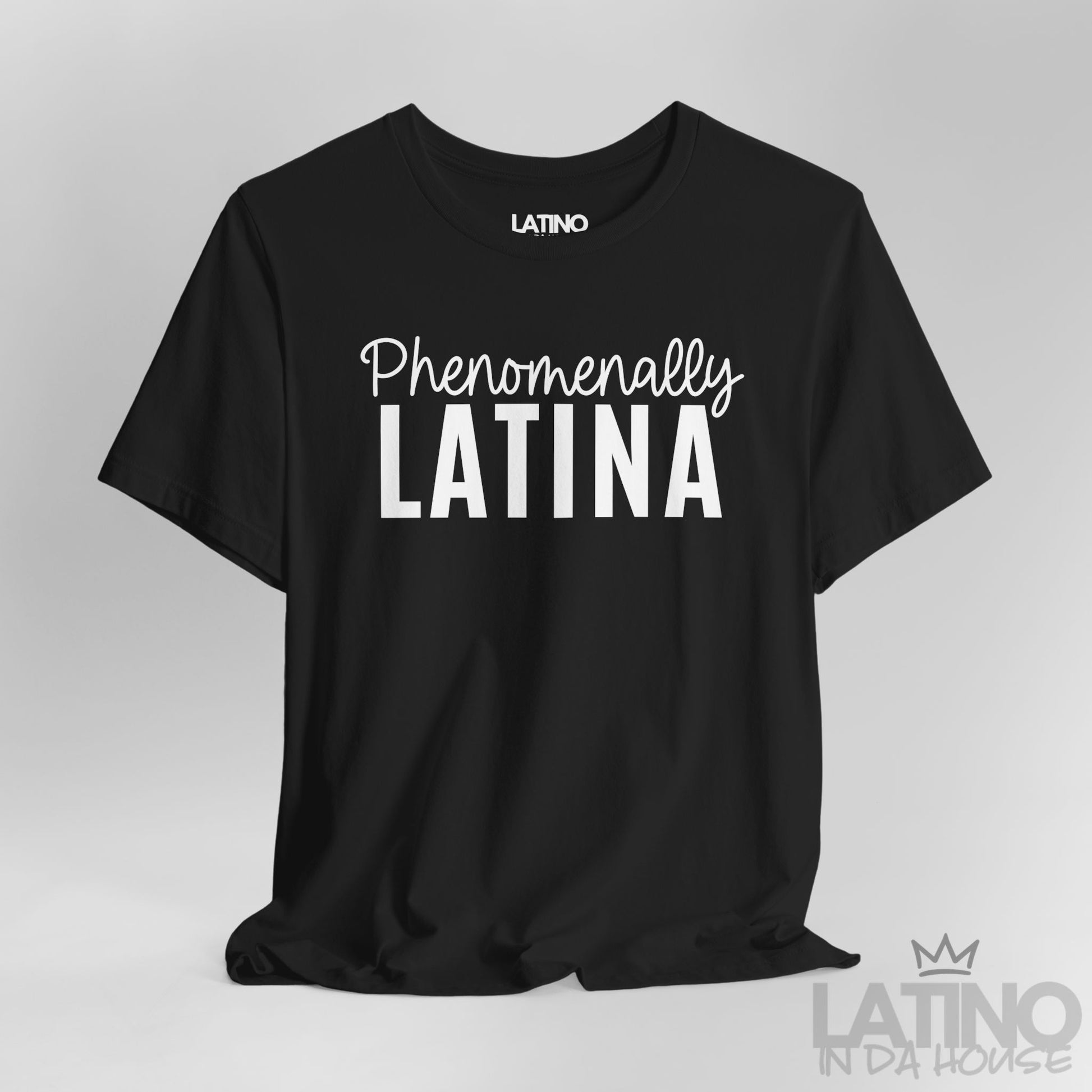 Close-up of black Phenomenally Latina T-shirt design – Latino In Da House