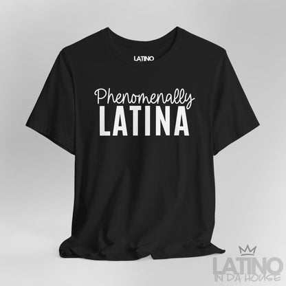 Close-up of black Phenomenally Latina T-shirt design – Latino In Da House