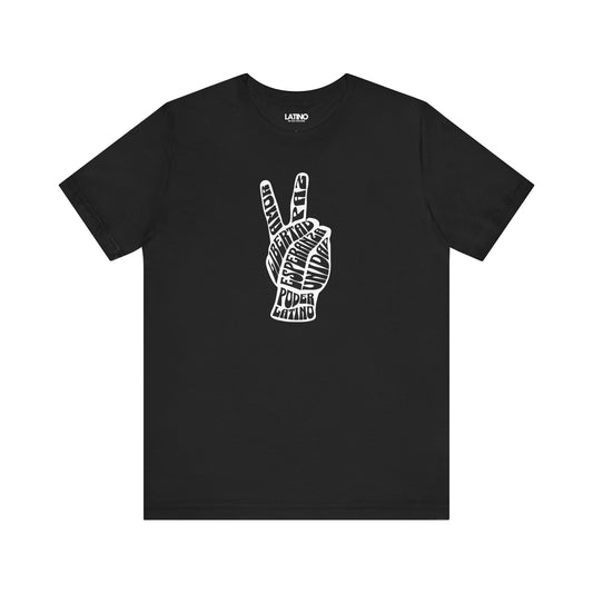 Poder Latino Peace Hand T-Shirt in black featuring unity hand design with
empowering words - Latino In Da House