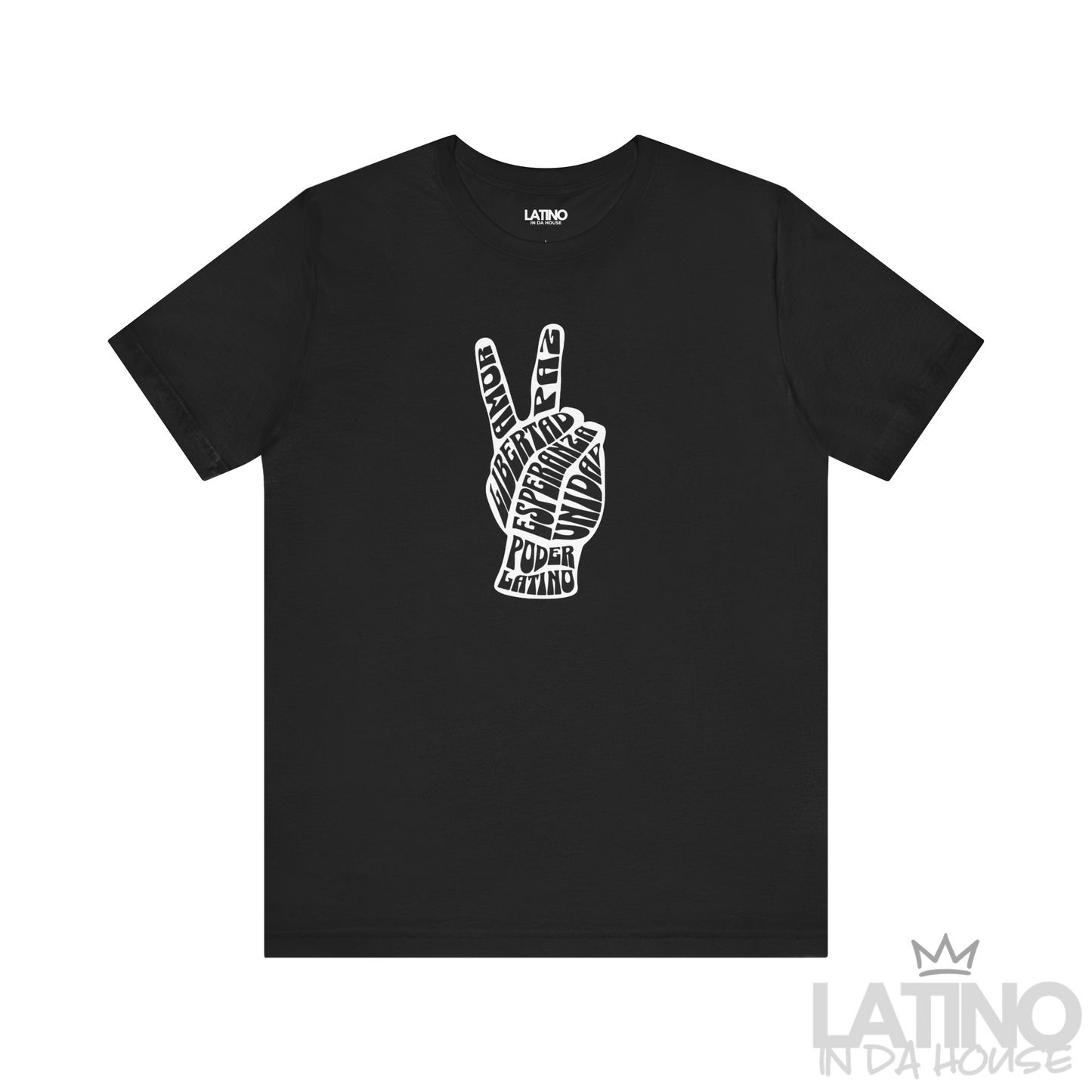 Poder Latino Peace Hand T-Shirt in black featuring unity hand design with empowering words – Latino In Da House