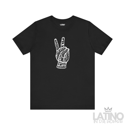 Poder Latino Peace Hand T-Shirt in black featuring unity hand design with empowering words – Latino In Da House