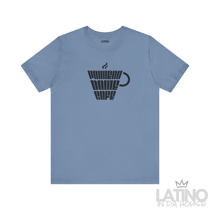 Primero Dame Café T-Shirt in steel blue with bold coffee cup text graphic – Latino In Da House