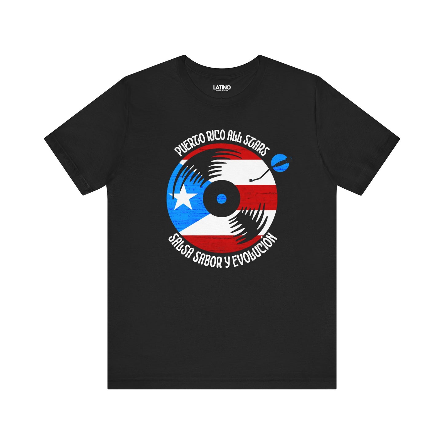 Puerto Rico All Stars Black T-Shirt — a bold vinyl record design wrapped in the Puerto Rican flag. Latino In Da House