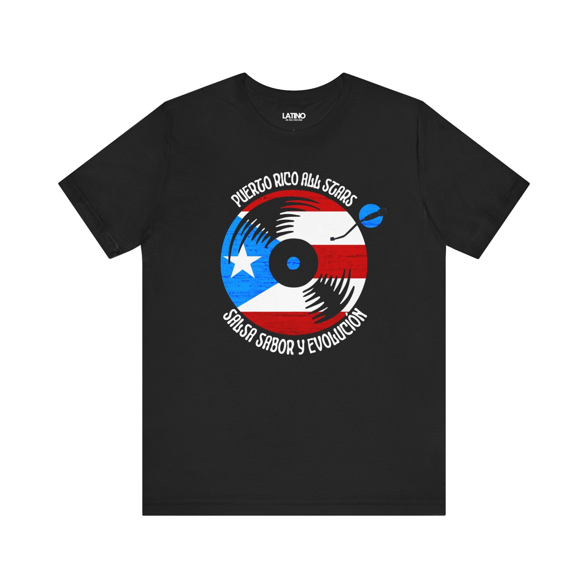 Puerto Rico All Stars Black T-Shirt — a bold vinyl record design wrapped in the Puerto Rican flag. Latino In Da House