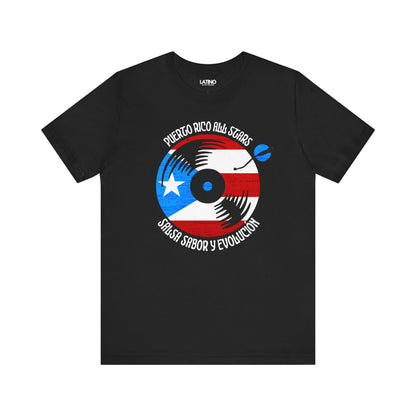 Puerto Rico All Stars Black T-Shirt — a bold vinyl record design wrapped in the Puerto Rican flag. Latino In Da House