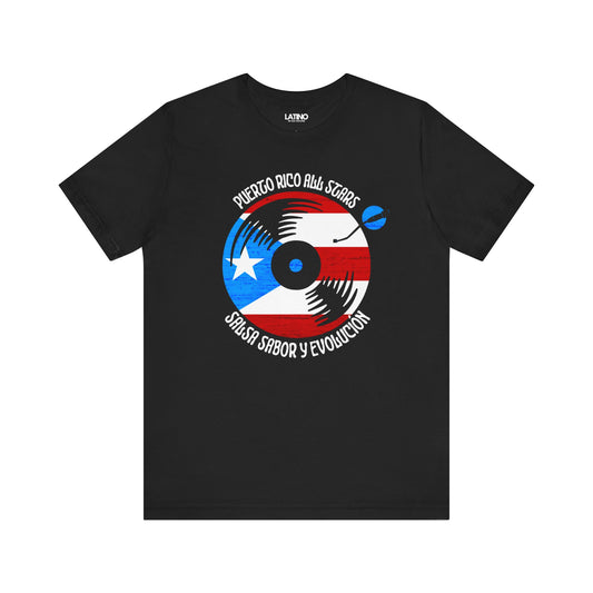 Puerto Rico All Stars Black T-Shirt — a bold vinyl record design wrapped in the Puerto Rican flag. Latino In Da House