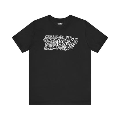 Puerto Rico Floral Map Black T-Shirt - a feminine, modern, hand-drawn inspired design featuring flowers, mandalas, and flowing script that reads Puerto Rico. Latino In Da House