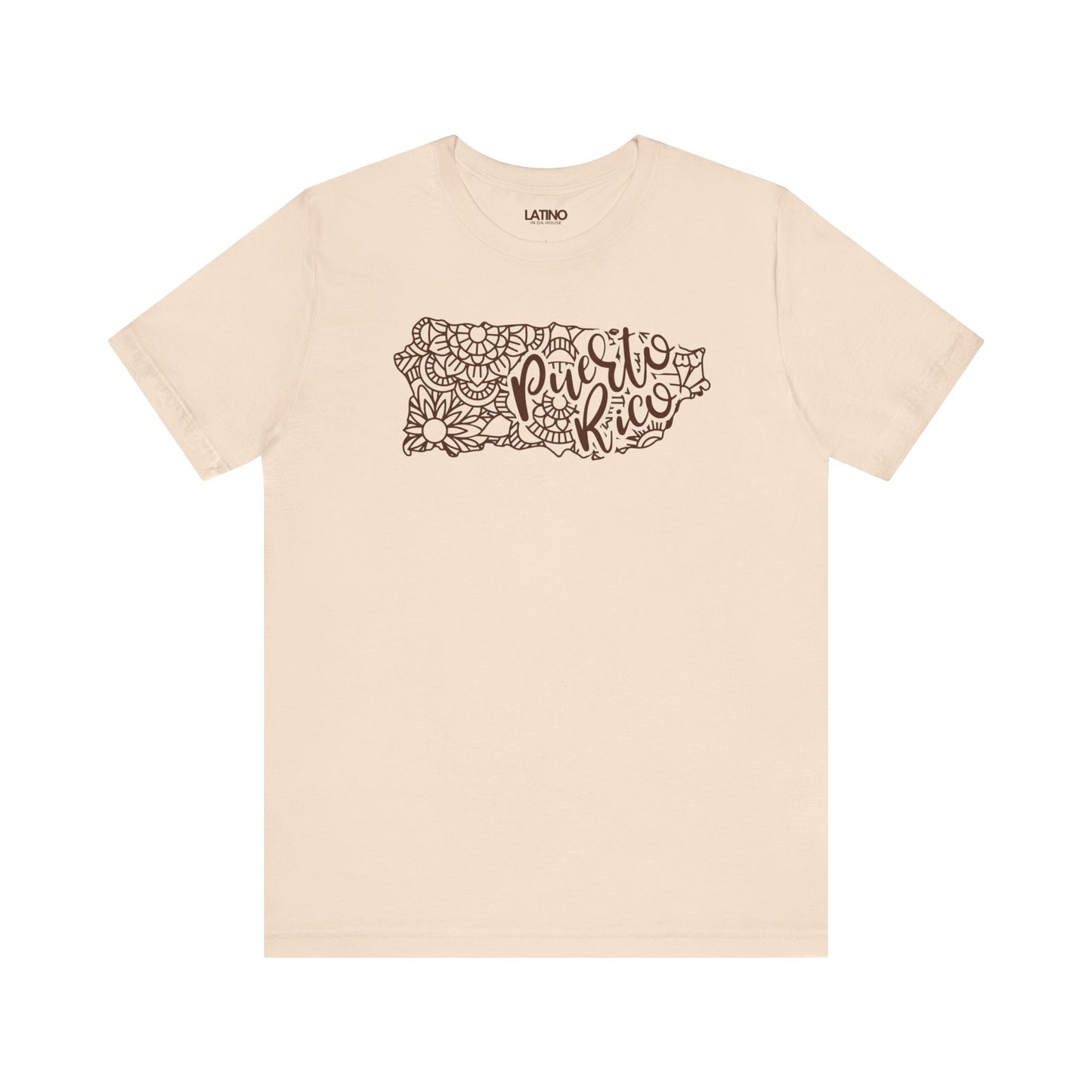 Puerto Rico Floral Map Soft Cream T-Shirt - a feminine, modern, hand-drawn inspired design featuring flowers, mandalas, and flowing script that reads Puerto Rico. Latino In Da House