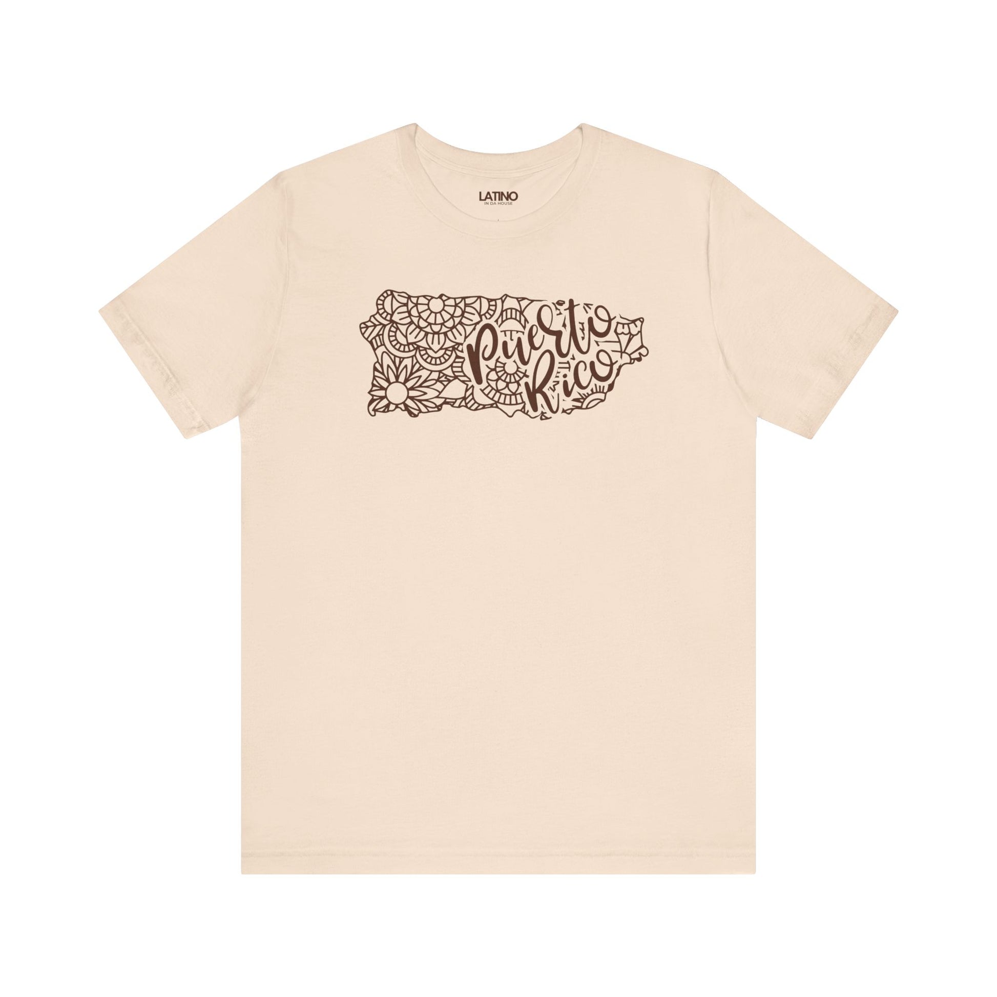 Puerto Rico Floral Map Soft Cream T-Shirt - a feminine, modern, hand-drawn inspired design featuring flowers, mandalas, and flowing script that reads Puerto Rico. Latino In Da House