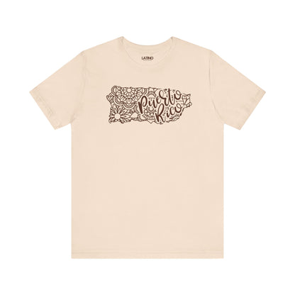 Puerto Rico Floral Map Soft Cream T-Shirt - a feminine, modern, hand-drawn inspired design featuring flowers, mandalas, and flowing script that reads Puerto Rico. Latino In Da House