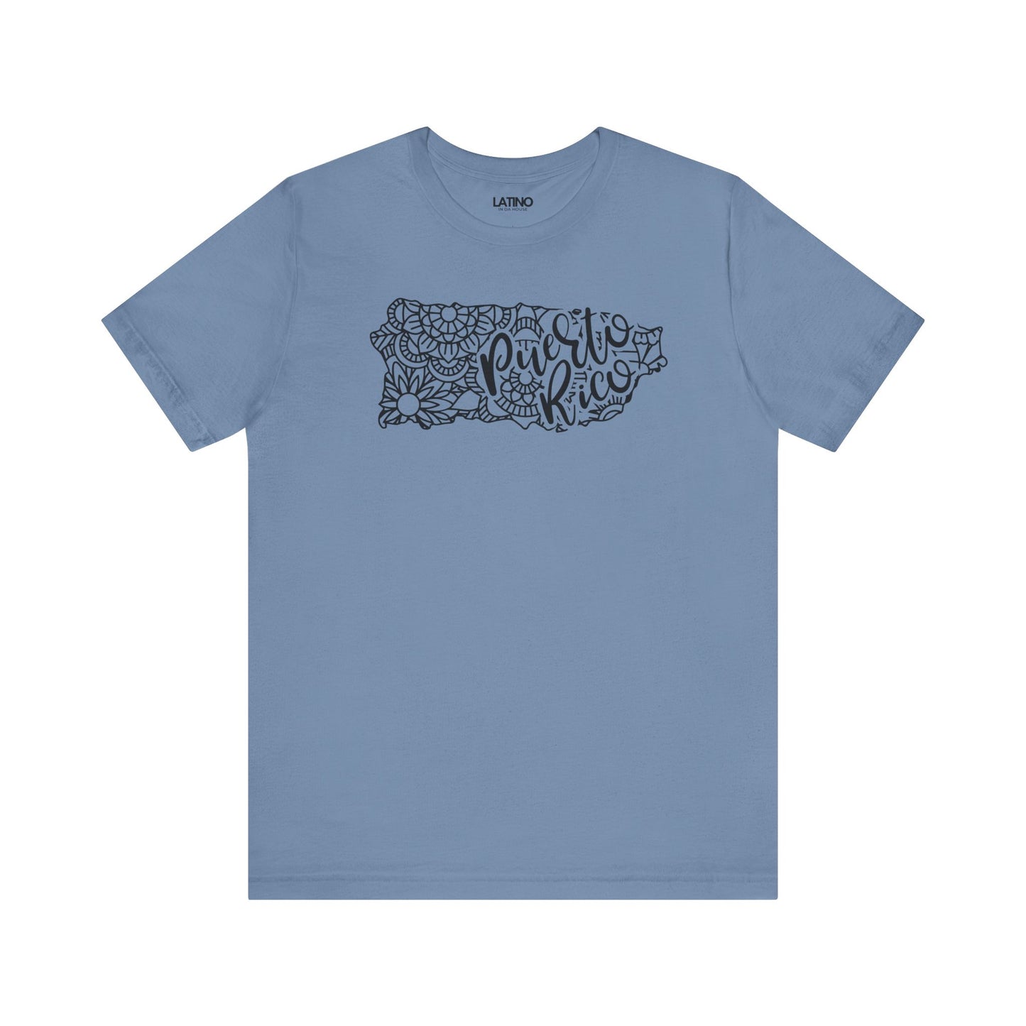 Puerto Rico Floral Map Steel Blue T-Shirt - a feminine, modern, hand-drawn inspired design featuring flowers, mandalas, and flowing script that reads Puerto Rico. Latino In Da House