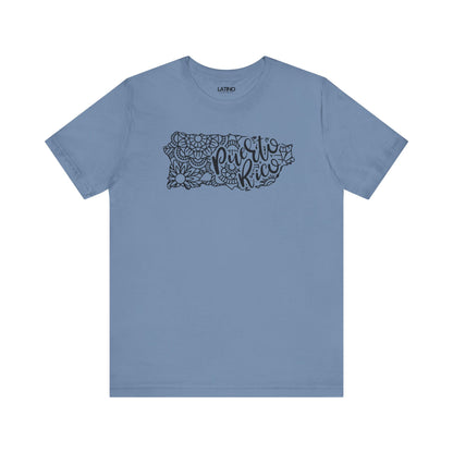 Puerto Rico Floral Map Steel Blue T-Shirt - a feminine, modern, hand-drawn inspired design featuring flowers, mandalas, and flowing script that reads Puerto Rico. Latino In Da House