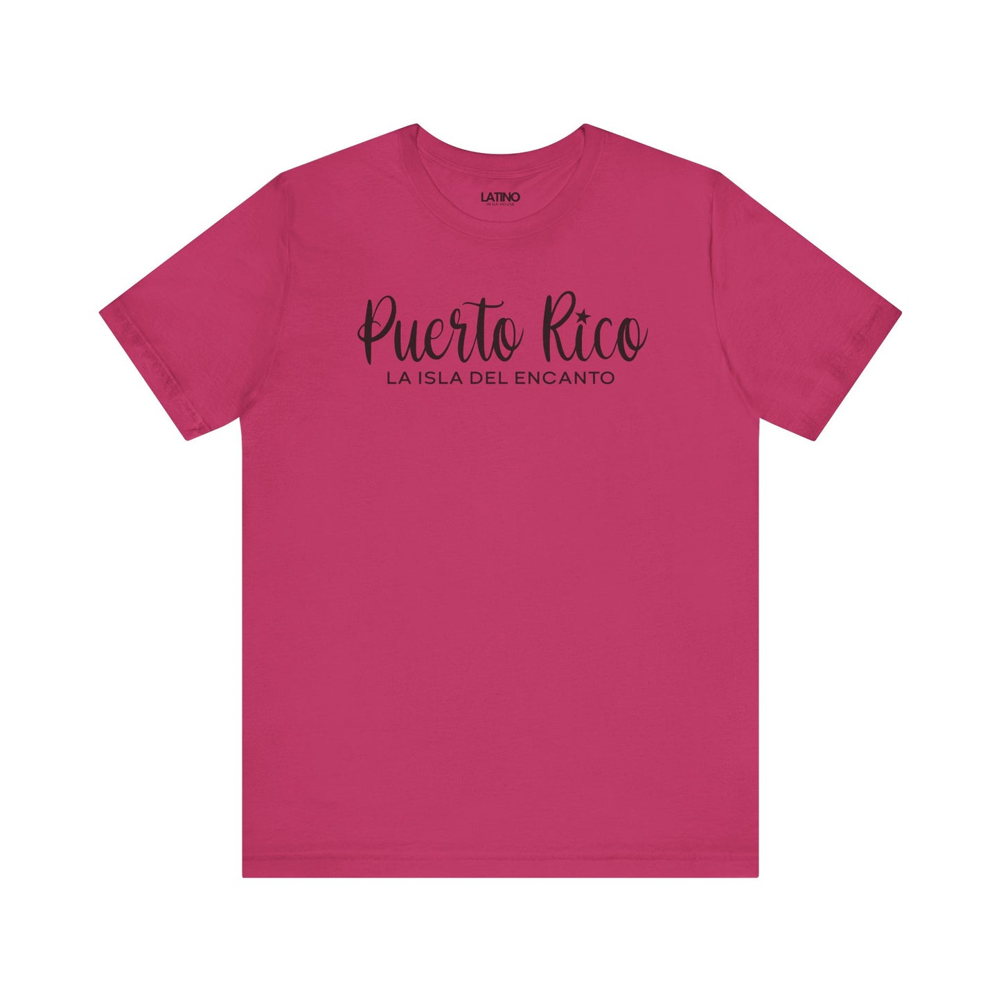 Puerto Rico – La Isla del Encanto berry pink t-shirt beautiful script design featuring a star over the “i” and a clean, modern subtitle. Latino In Da House