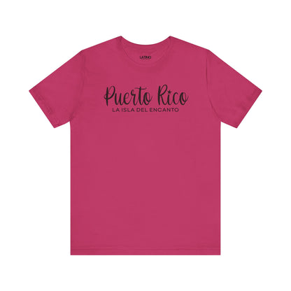 Puerto Rico – La Isla del Encanto berry pink t-shirt beautiful script design featuring a star over the “i” and a clean, modern subtitle. Latino In Da House