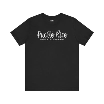 Puerto Rico – La Isla del Encanto black t-shirt beautiful script design featuring a star over the “i” and a clean, modern subtitle. Latino In Da House