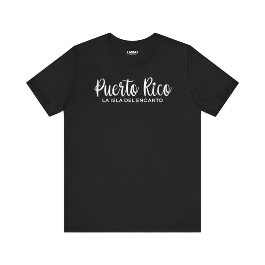 Puerto Rico – La Isla del Encanto black t-shirt beautiful script design featuring a star over the “i” and a clean, modern subtitle. Latino In Da House