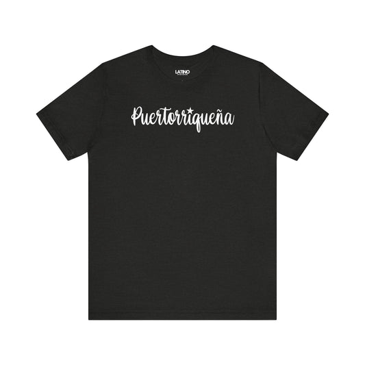 Puertorriqueña Black Heather T-Shirt a soft, elegant script with a cute estrellita over the “i”. Perfect for every proud Boricua Queen who carries la isla en el corazón. Latino In Da House
