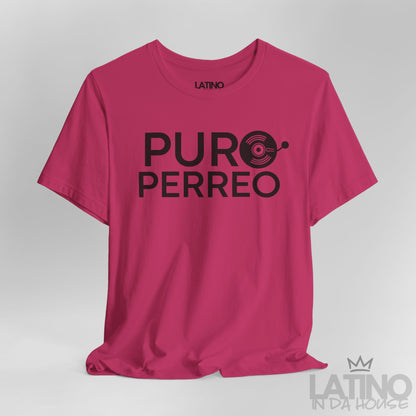 Close-up of berry pink Puro Perreo T-Shirt with black lettering and vinyl record design – Latino In Da House