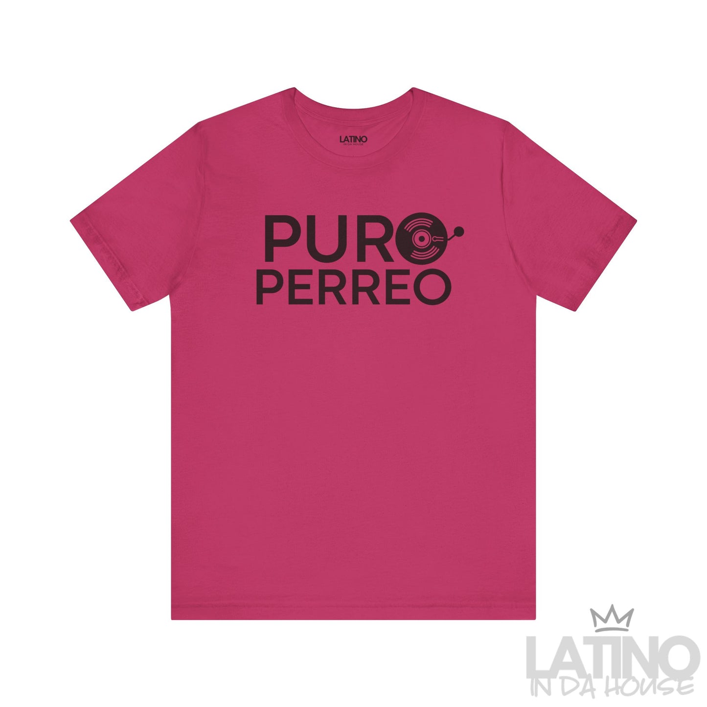 Berry pink Puro Perreo T-Shirt with black record graphic and bold text – Latino In Da House