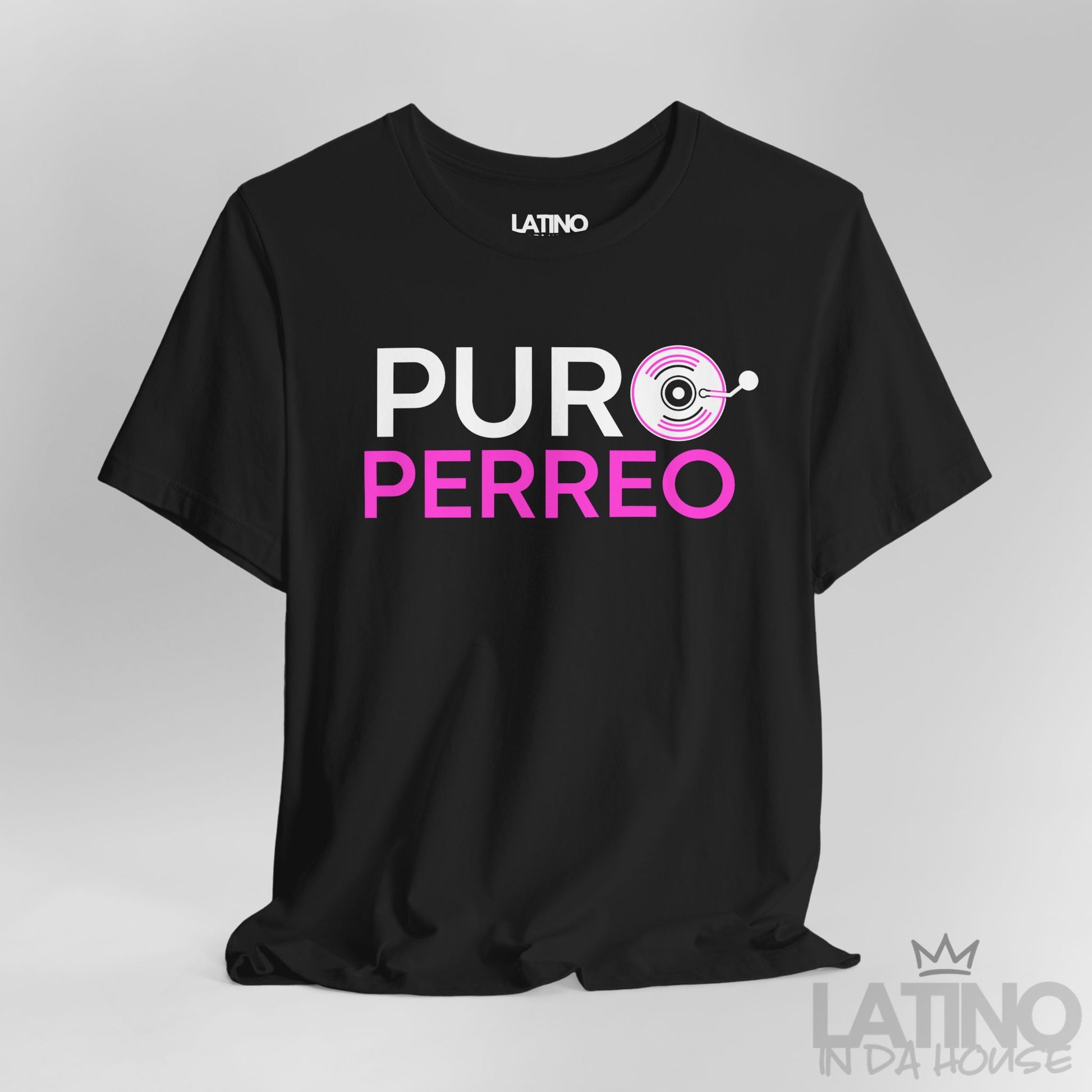 Close-up of black Puro Perreo T-Shirt with white and pink lettering and vinyl record graphic – Latino In Da House