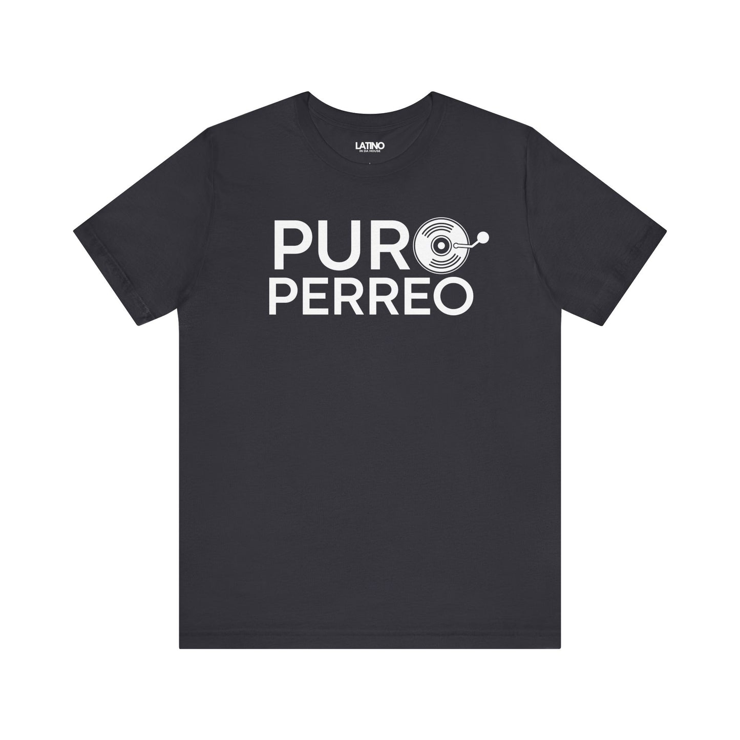 Dark Grey Puro Perreo T-Shirt with brown and pink lettering and record design - Latino In Da House