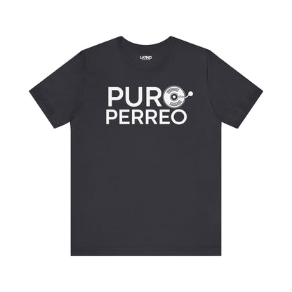 Dark Grey Puro Perreo T-Shirt with brown and pink lettering and record design - Latino In Da House
