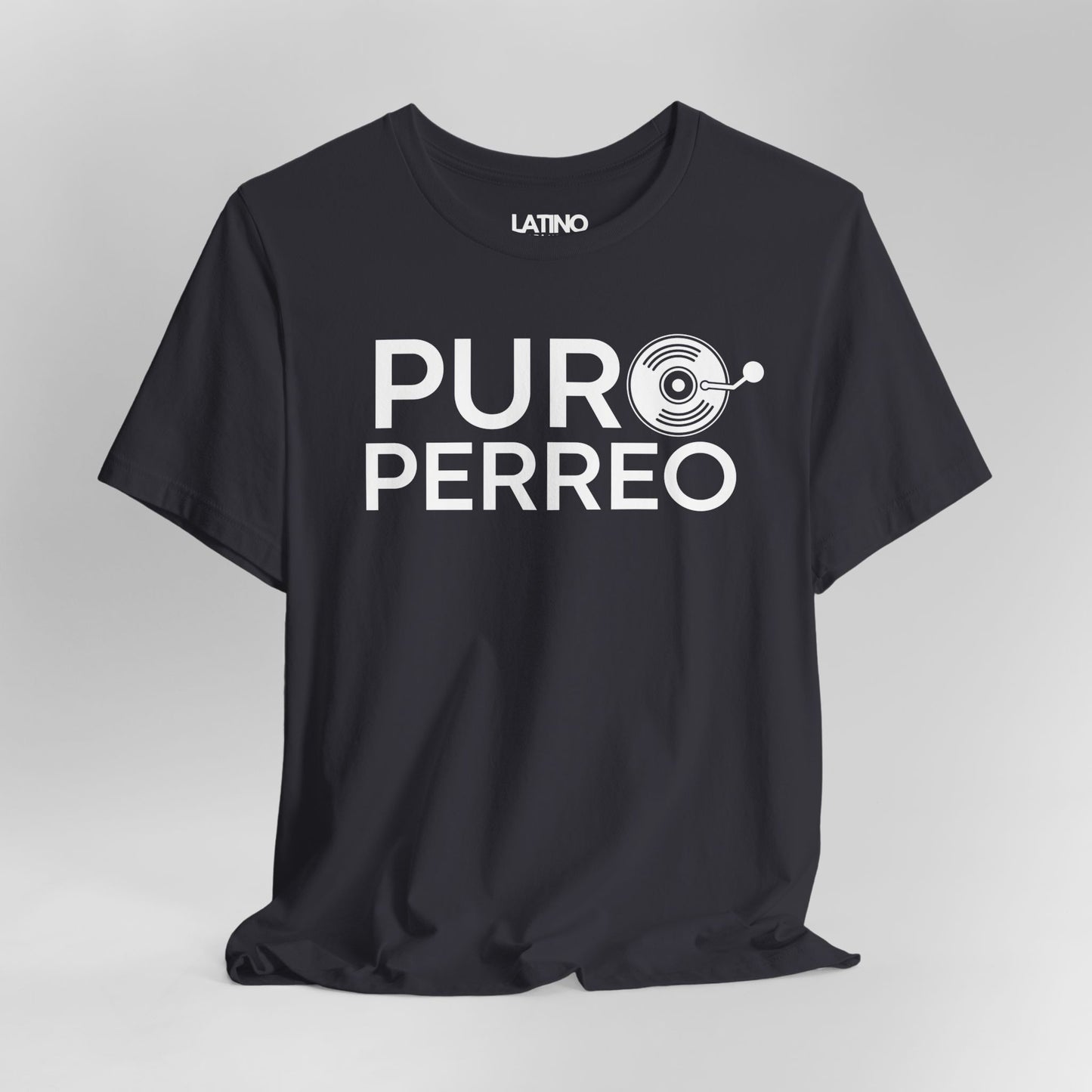 Close-up of dark grey Puro Perreo T-Shirt with black lettering and vinyl record design - Latino In Da House