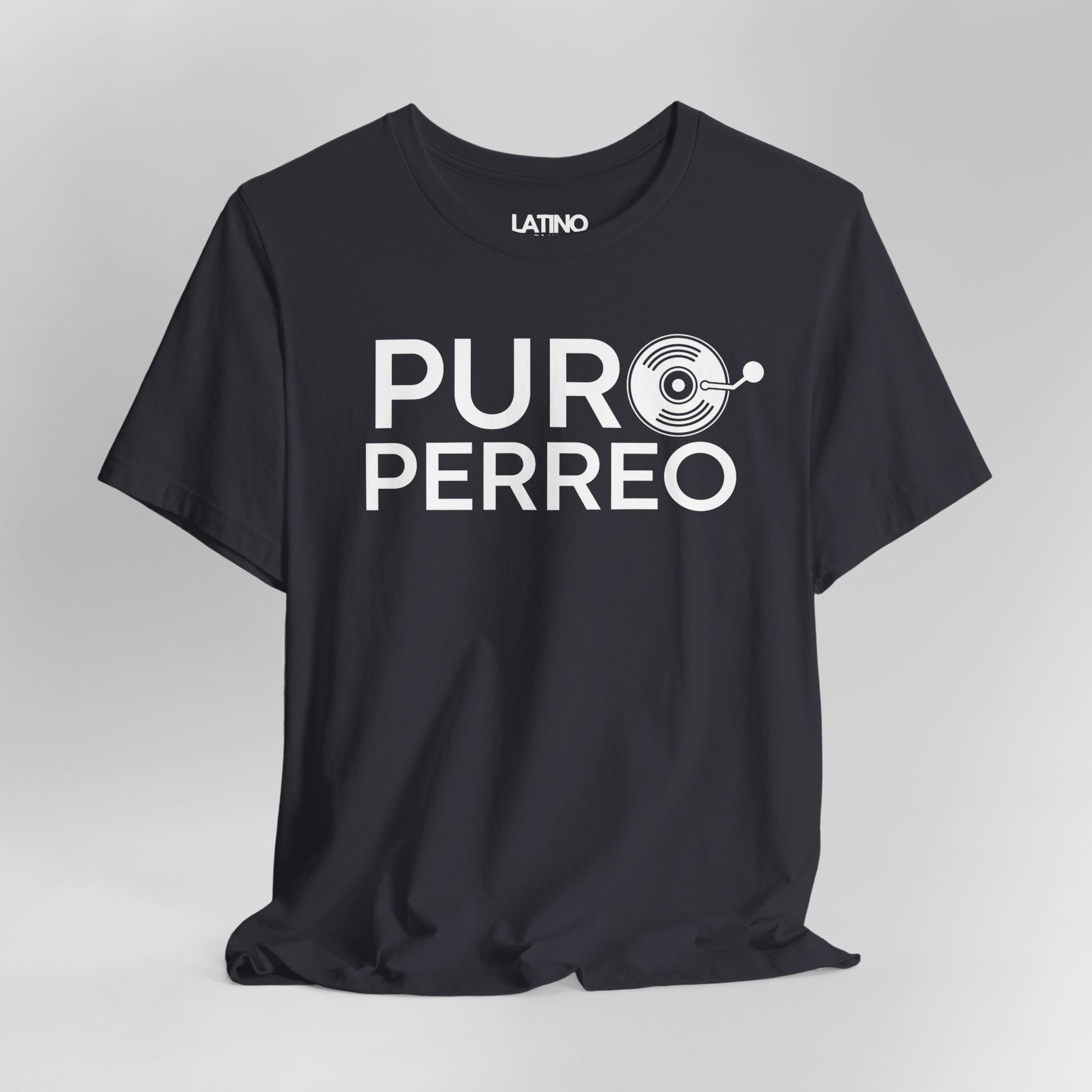 Close-up of dark grey Puro Perreo T-Shirt with black lettering and vinyl record design - Latino In Da House