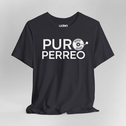 Close-up of dark grey Puro Perreo T-Shirt with black lettering and vinyl record design - Latino In Da House