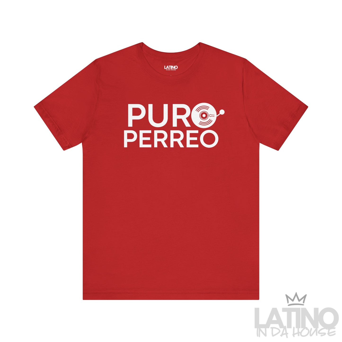 Puro Perreo T-Shirt in bold red with white vinyl record design – Latino In Da House