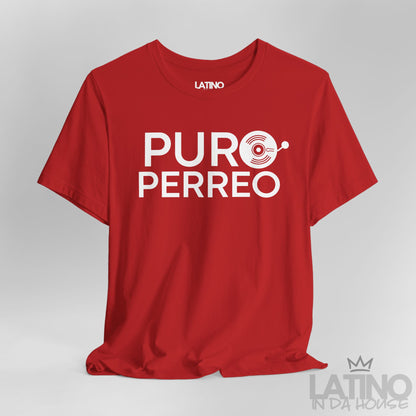 Close-up of Puro Perreo T-Shirt in red with bold white lettering and vinyl record graphic – Latino In Da House