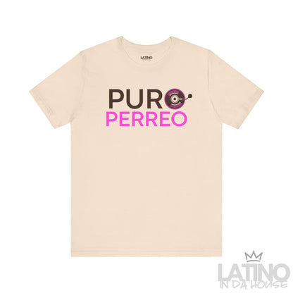Soft cream Puro Perreo T-Shirt with brown and pink lettering and record design – Latino In Da House