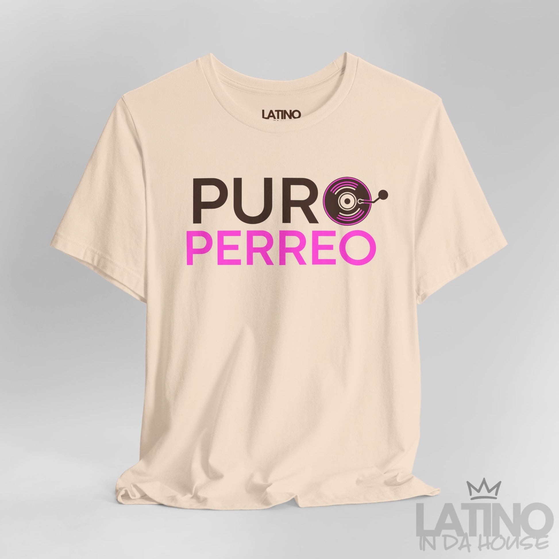 Close-up of Puro Perreo T-Shirt in soft cream with brown and pink lettering and record design – Latino In Da House