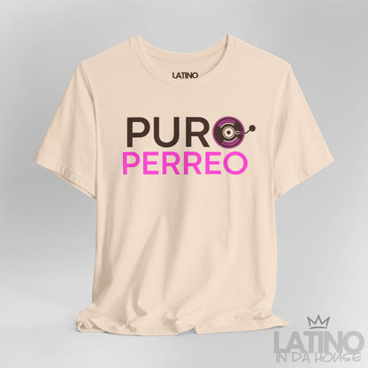 Close-up of Puro Perreo T-Shirt in soft cream with brown and pink lettering and record design – Latino In Da House