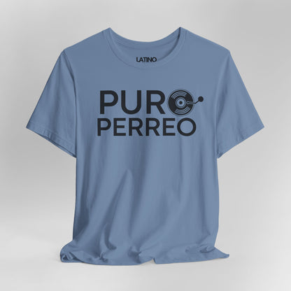 Close-up of Puro Perreo T-Shirt in steel blue with bold white lettering and vinyl record graphic - Latino In Da House