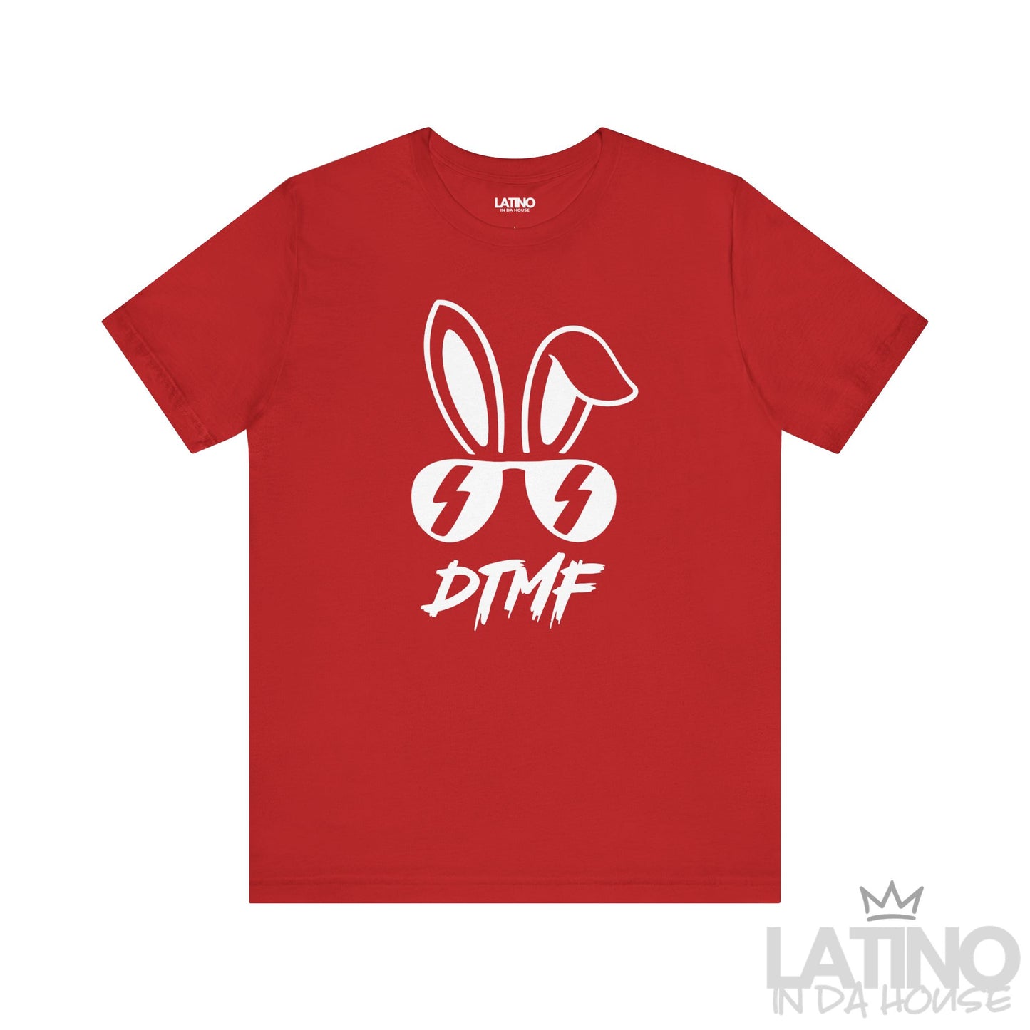 Red DTMF T-Shirt featuring bold bunny ears and lightning sunglasses design – Latino In Da House