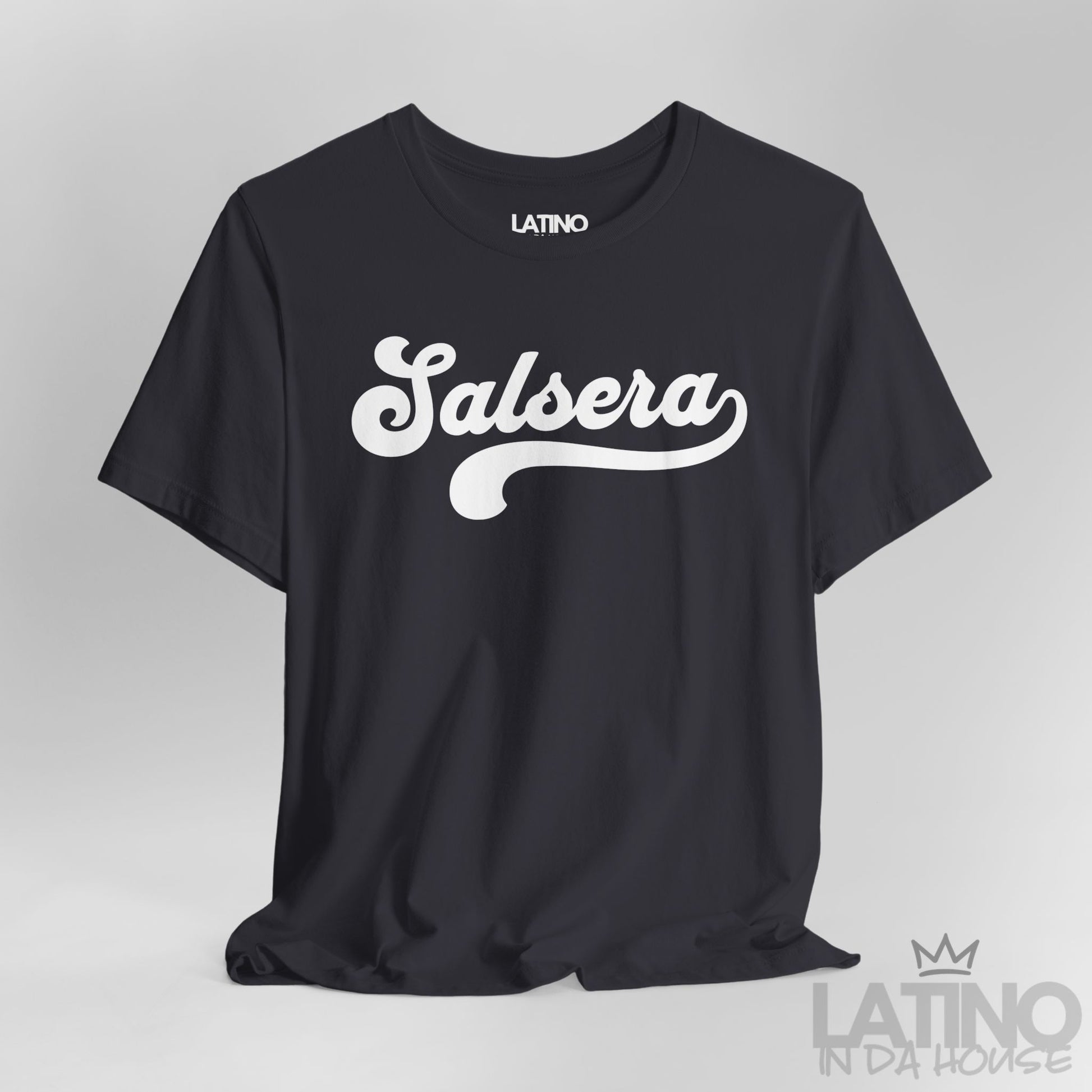 Close-up of Salsera T-Shirt in dark grey with bold script design – Latino In Da House