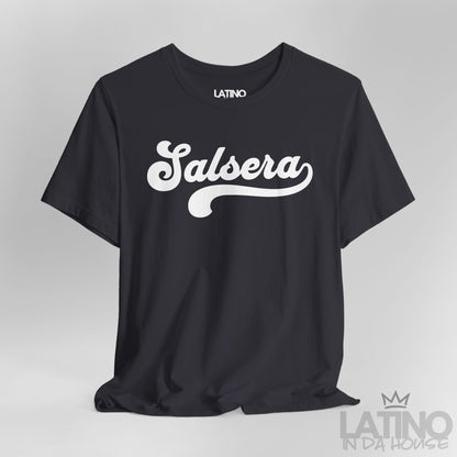 Close-up of Salsera T-Shirt in dark grey with bold script design – Latino In Da House